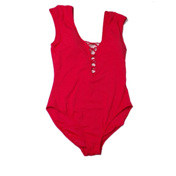 🆕 Bleu Rod Beattie Hole in One Cap Sleeve Lace Up One Piece Swimsuit 14 Red - Picture 3 of 6